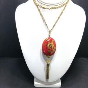 Vintage Red Gold Ceramic Corked Bottle Perfume Pendant Necklace, 26 Inch Chain